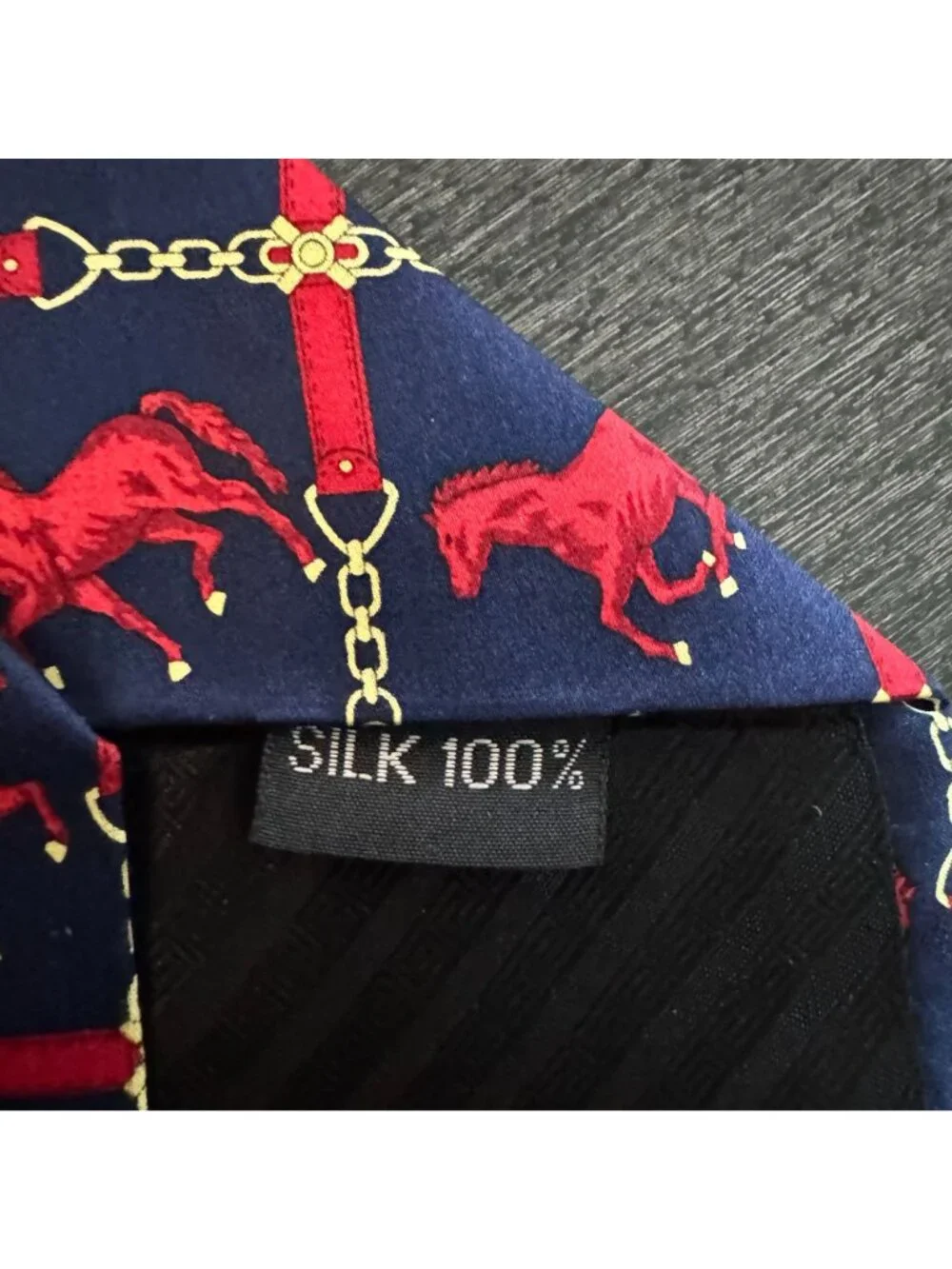 Vintage Sinsabang Pure Silk Tie Red Horse Gold Chain Classic Made In Korea